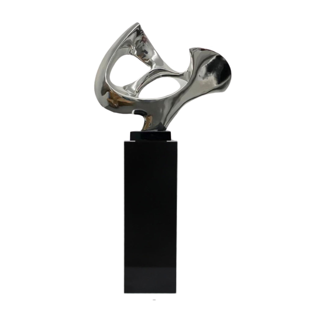 Chrome Abstract Mask Floor Sculpture With Black Stand, 54" Tall