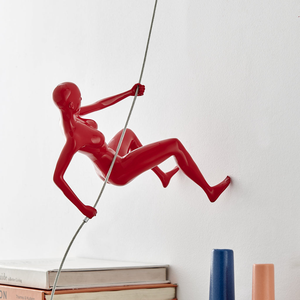 Glossy Red Wall Sculpture Climbing 8" Woman