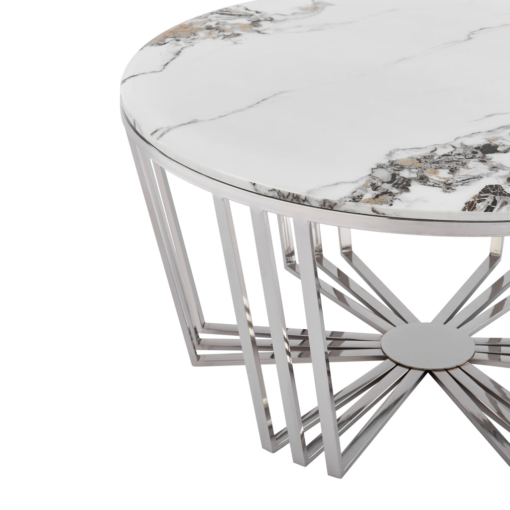 Lunar Gleam Chrome Coffee Table, Chrome and White Marble Finish