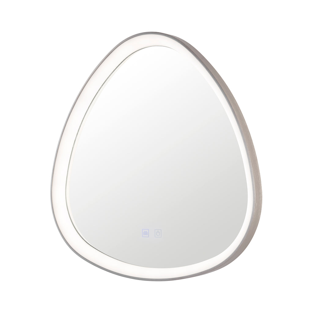 round-edged mirror showing LED touch controls and brushed finish