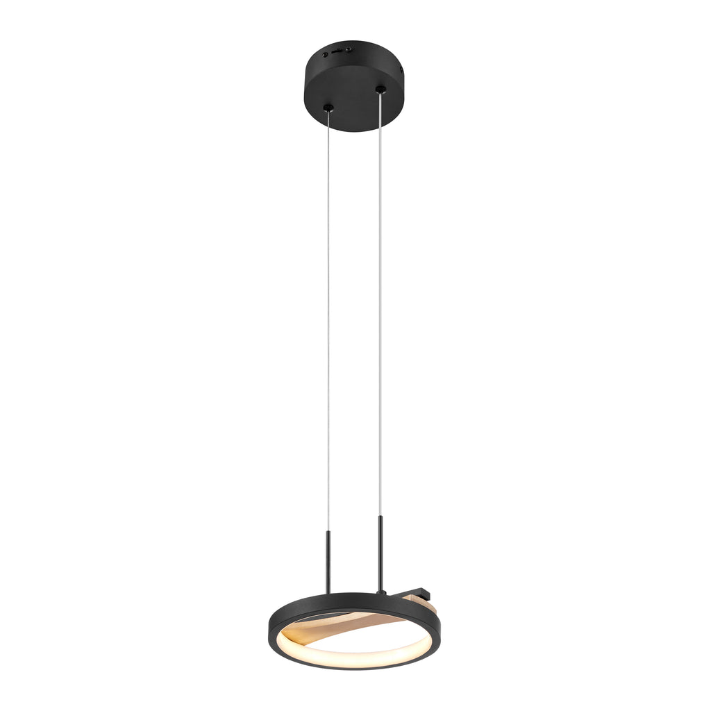 Sculptural one-head LED pendant with wood detail and CCT control