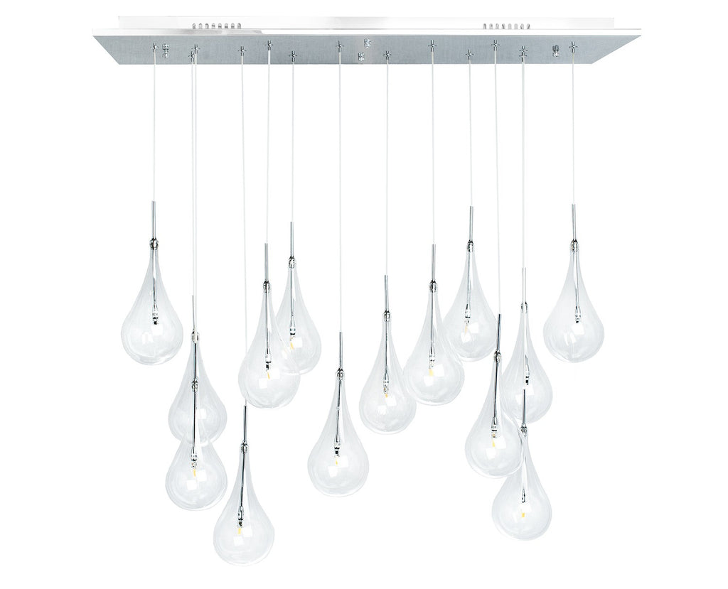 Modern Glass Drops Chandelier // 14 Lights // Rectangular Chrome Canopy