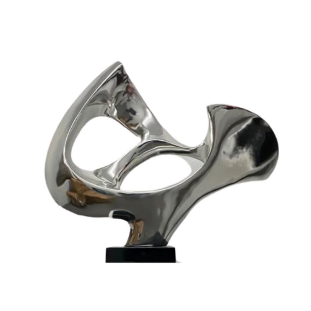 Chrome Abstract Mask Floor Sculpture With Black Stand, 54" Tall