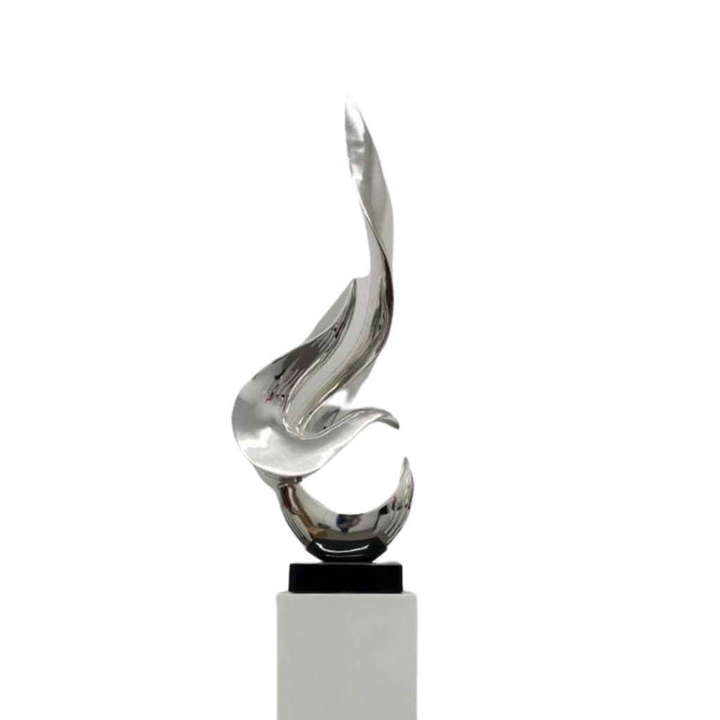 Chrome Flame Floor Sculpture With White Stand, 65" Tall