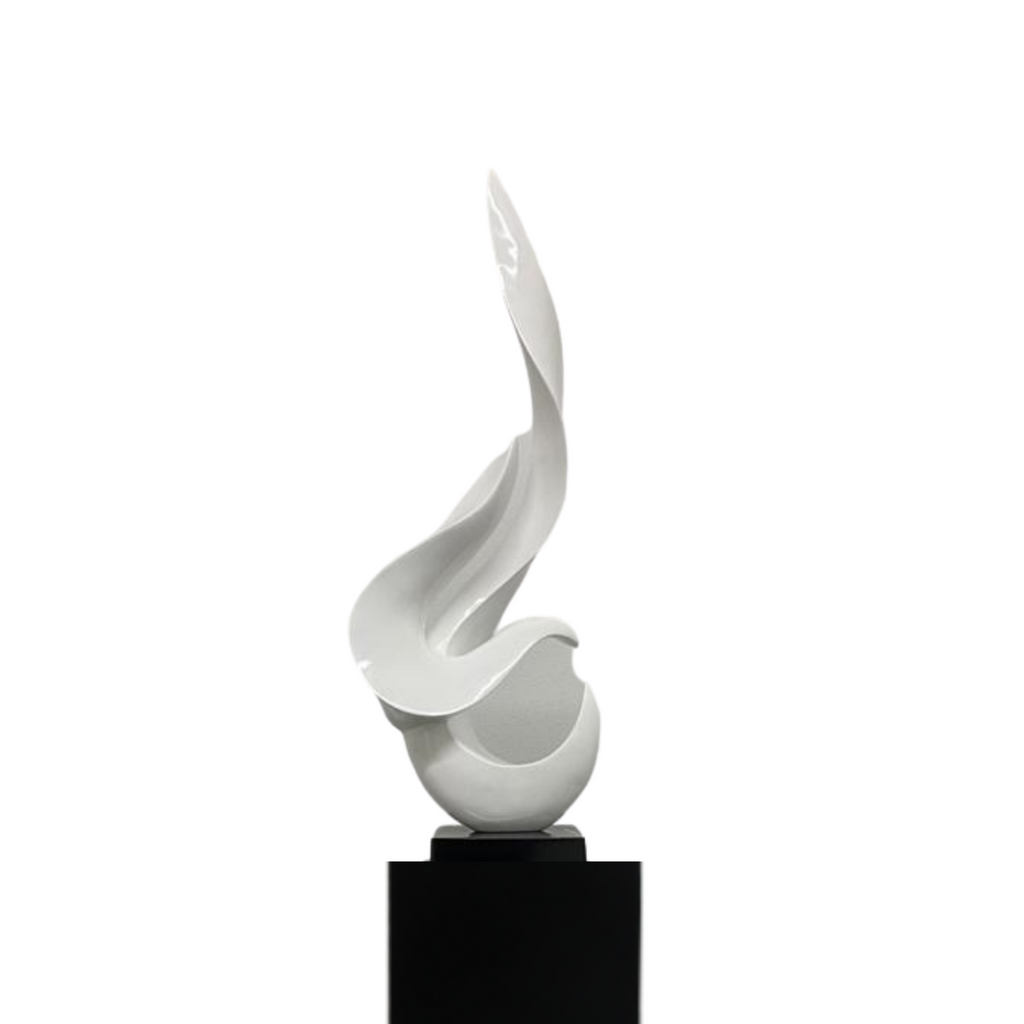 White Flame Floor Sculpture With Black Stand, 65" Tall