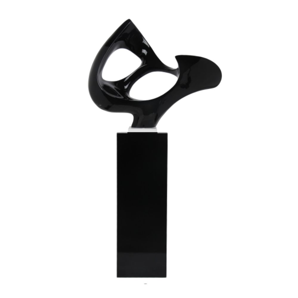 Black Abstract Mask Floor Sculpture With Black Stand, 54" Tall