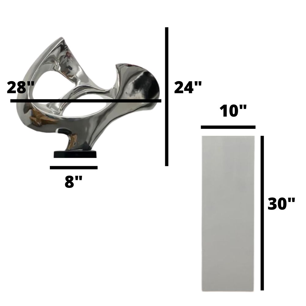 Chrome Abstract Mask Floor Sculpture With White Stand, 54" Tall