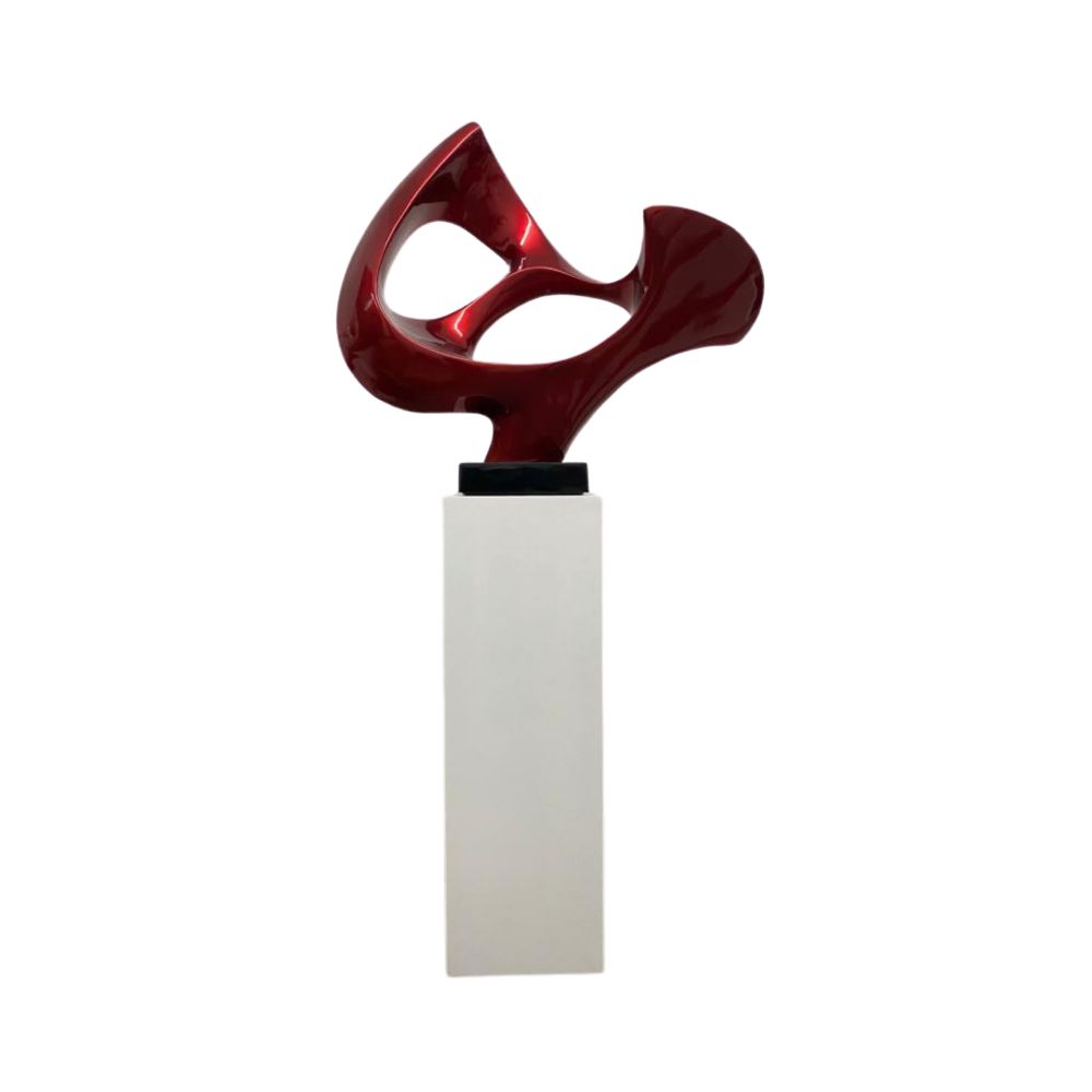 Metallic Red Abstract Mask Floor Sculpture With White Stand, 54" Tall