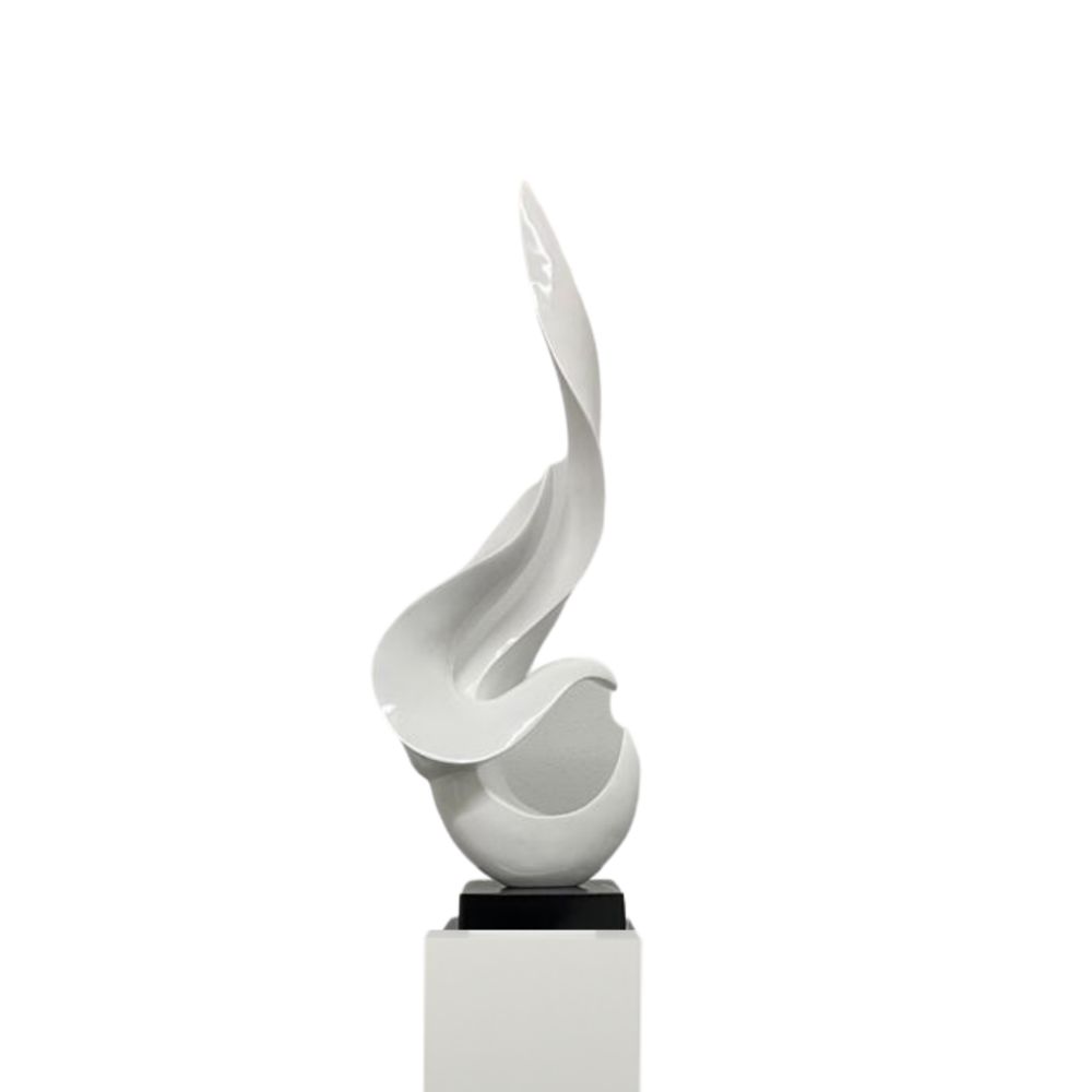 White Flame Floor Sculpture With White Stand, 65" Tall