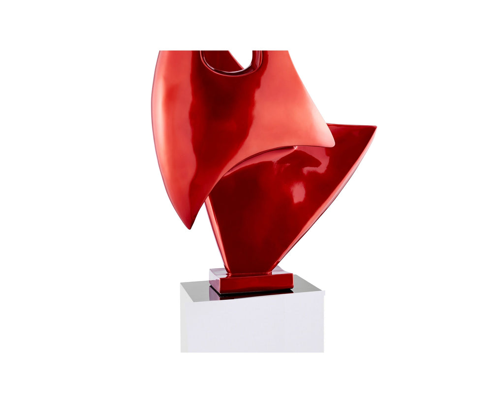 Metallic Red Sail Floor Sculpture With White Stand, 70" Tall