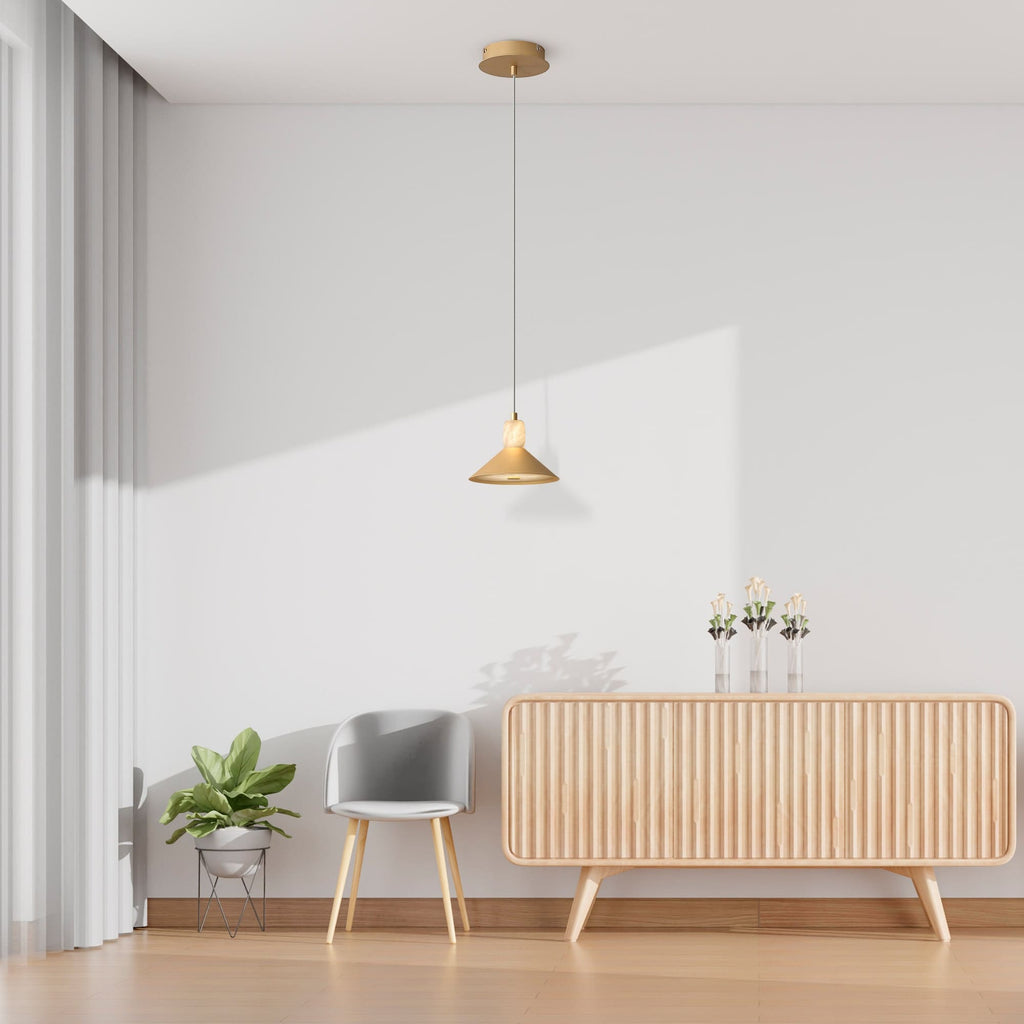 One-head painted antique brass pendant with alabaster and integrated LED lighting, modern design.