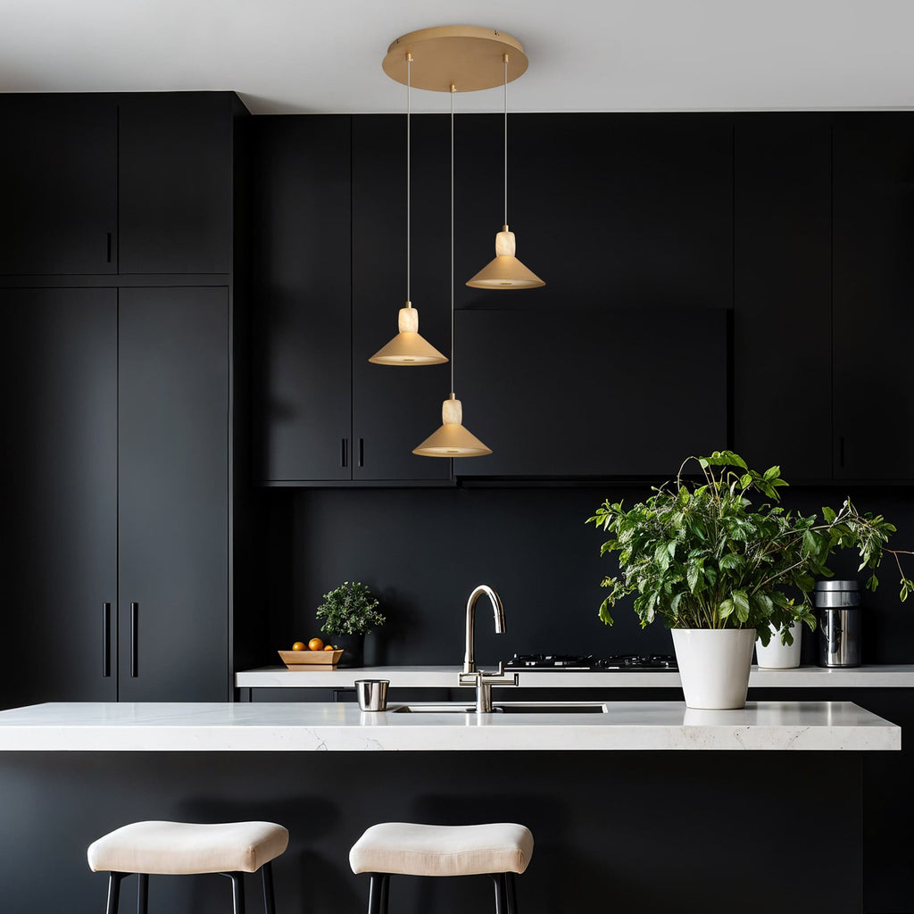 Three-head chandelier in antique brass and alabaster with dimmable LED and CCT functionality.