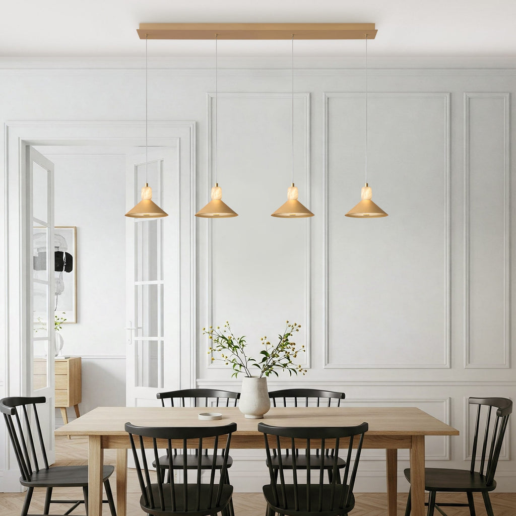 Four-head chandelier with Spanish alabaster and antique brass, featuring CCT LED lighting.