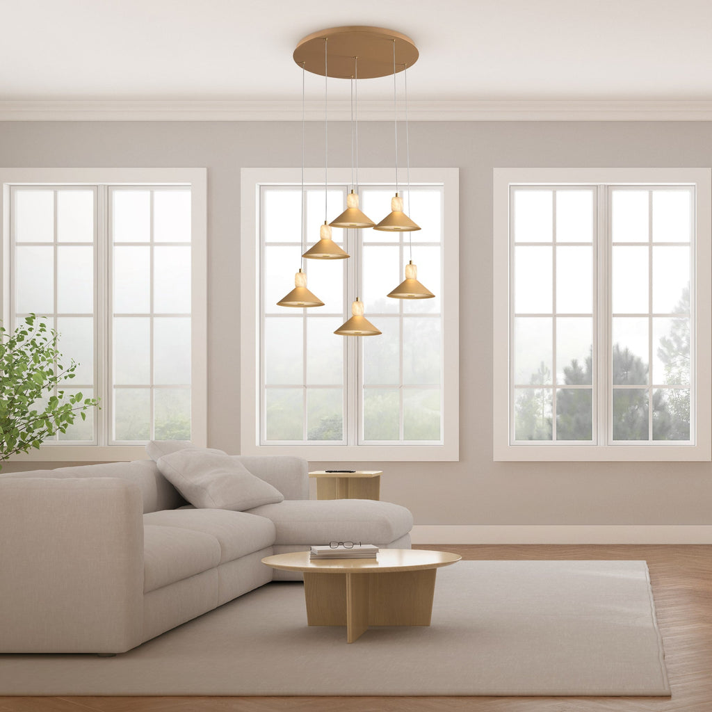Six-head alabaster and brass chandelier with adjustable LED lighting for luxury interiors.