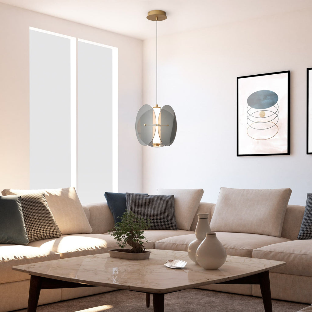 Painted antique brass pendant with soft-diffused LED light and modern glass-acrylic panels.