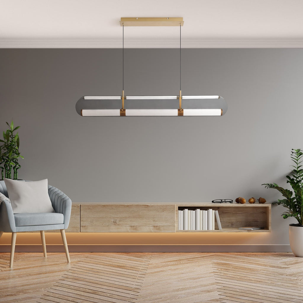 Rectangular chandelier in antique brass with 1980-lumen LED and adjustable CCT features.
