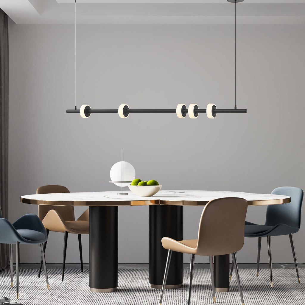 Linear matte black pendant with alabaster LED rings and CCT lighting for modern interiors.