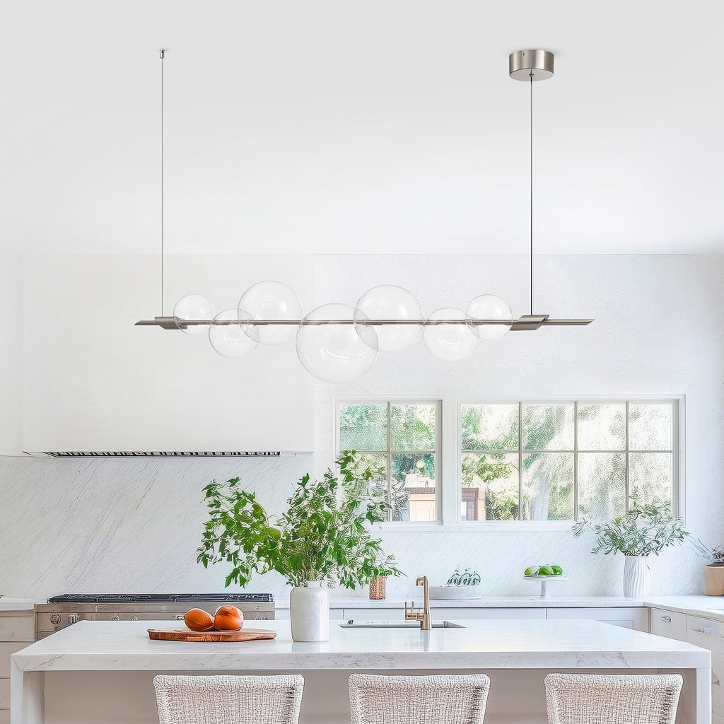 Satin nickel pendant with bubble-style glass globes and integrated dimmable LED lighting.