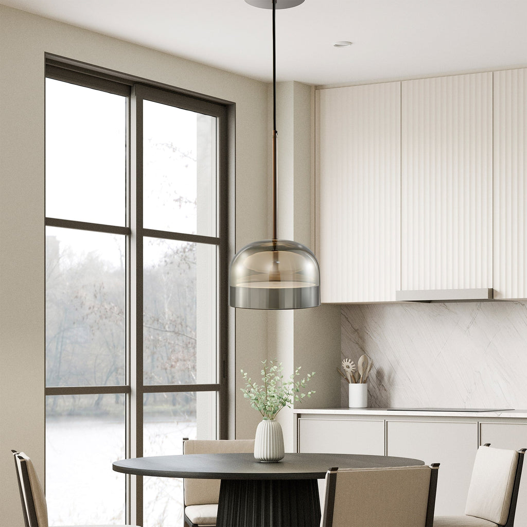Black smoky glass dome pendant with integrated LED and CCT light control for elegant interiors.