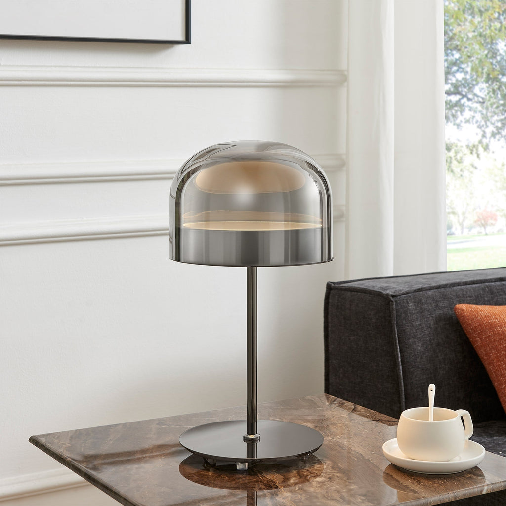Smoky glass table lamp in matte black with dimmable LED and adjustable CCT temperature.