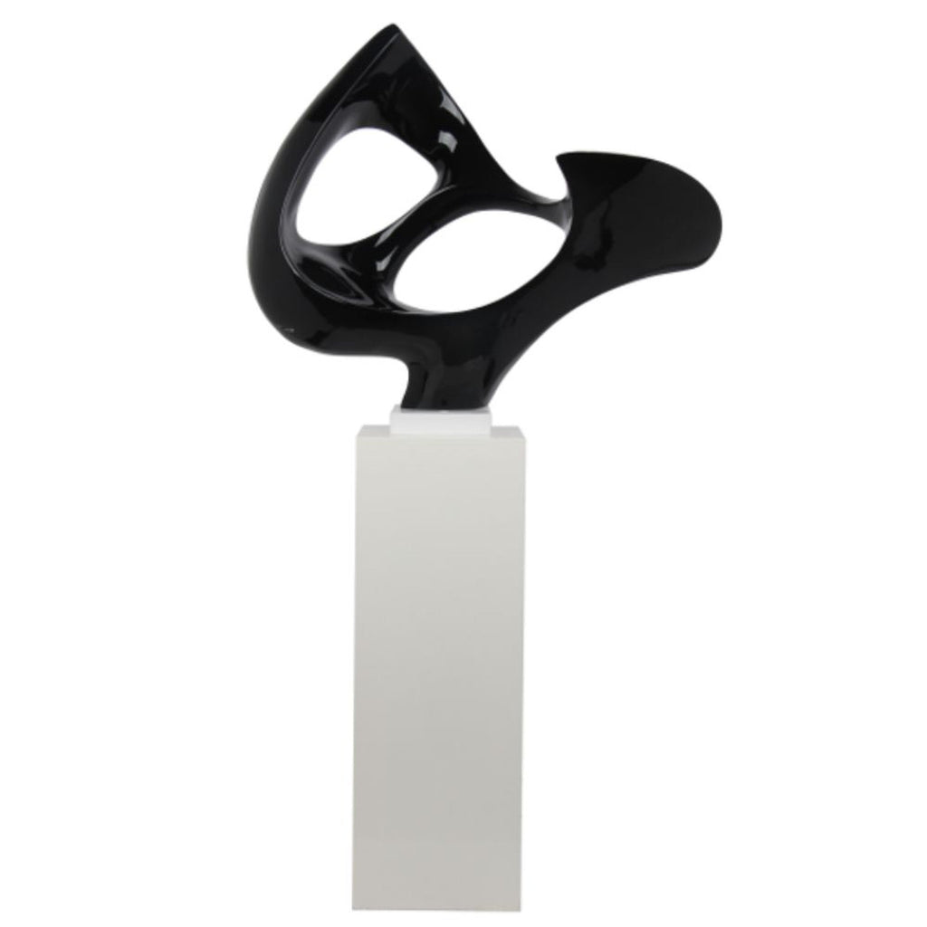Black Abstract Mask Floor Sculpture With White Stand, 54" Tall