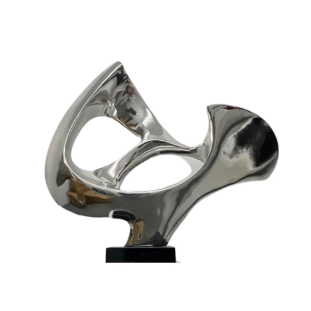 Chrome Abstract Mask Floor Sculpture With White Stand, 54" Tall