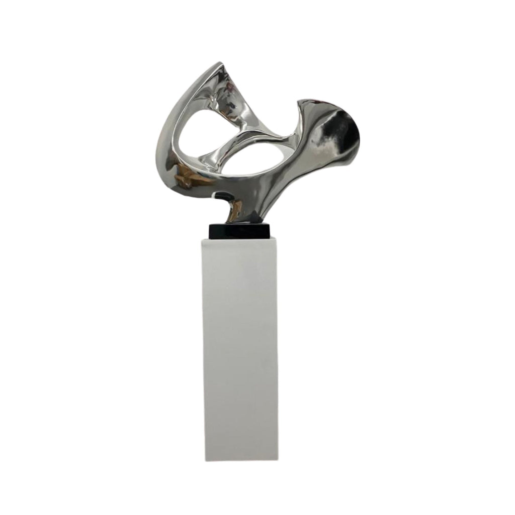 Chrome Abstract Mask Floor Sculpture With White Stand, 54" Tall