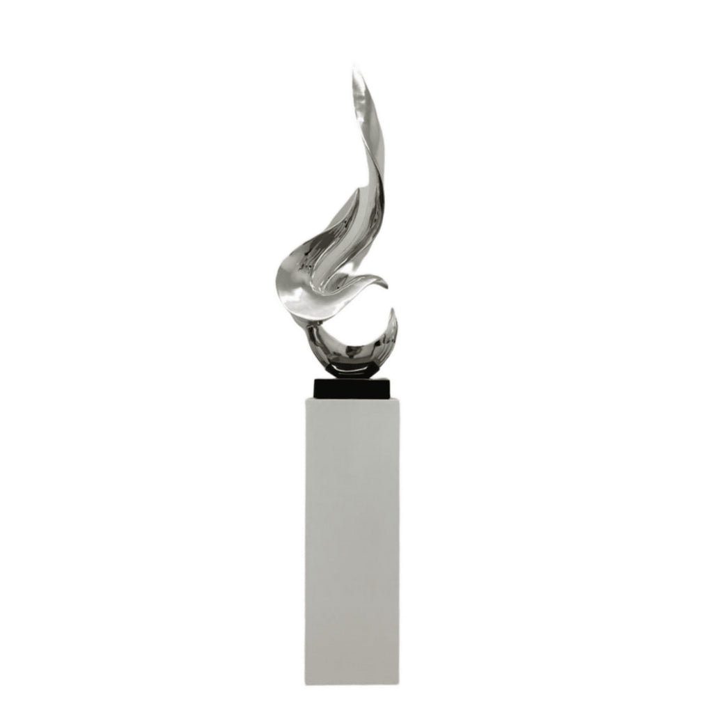 Chrome Flame Floor Sculpture With White Stand, 65" Tall