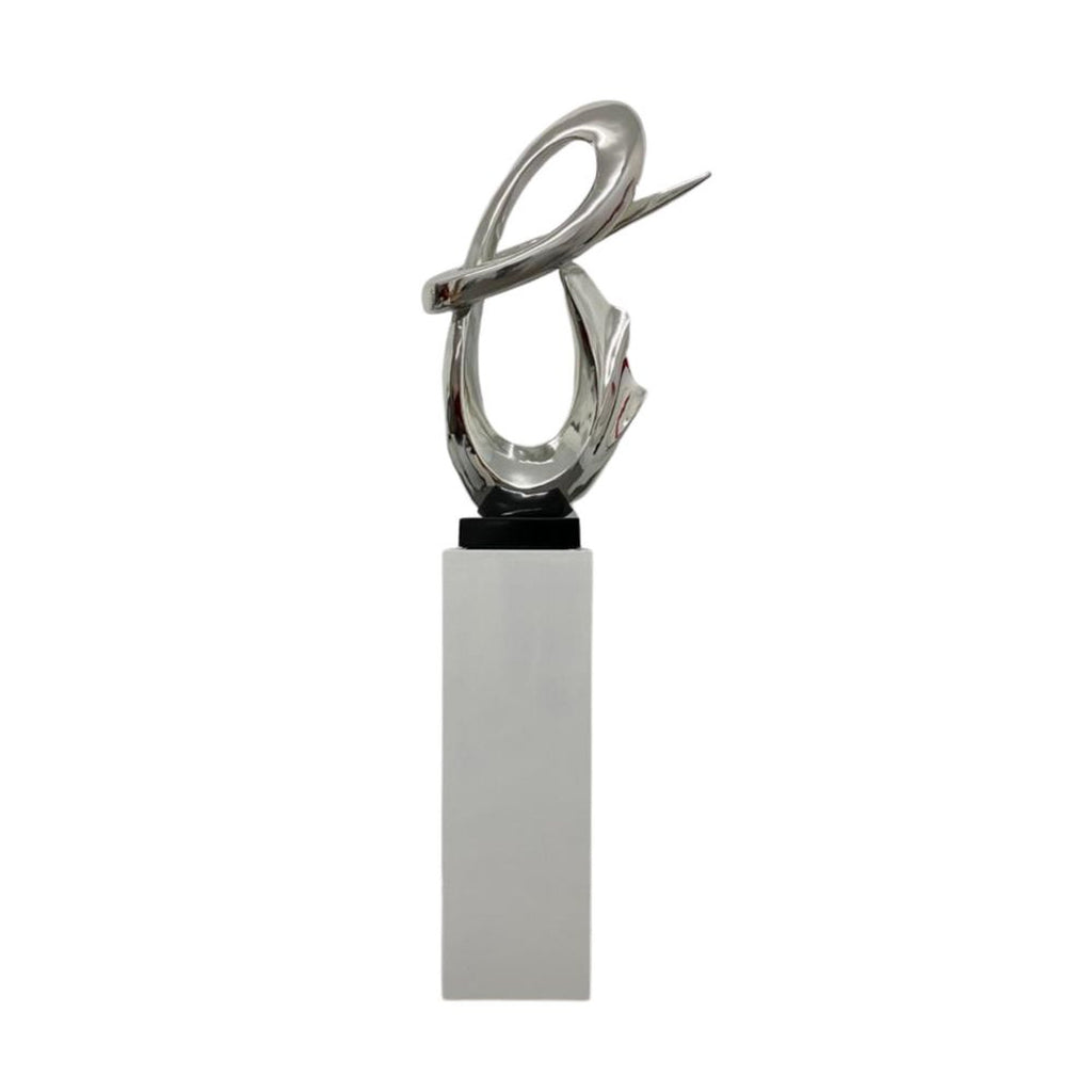 Chrome Fluid Abstract Floor Sculpture With White Stand, 59" Tall