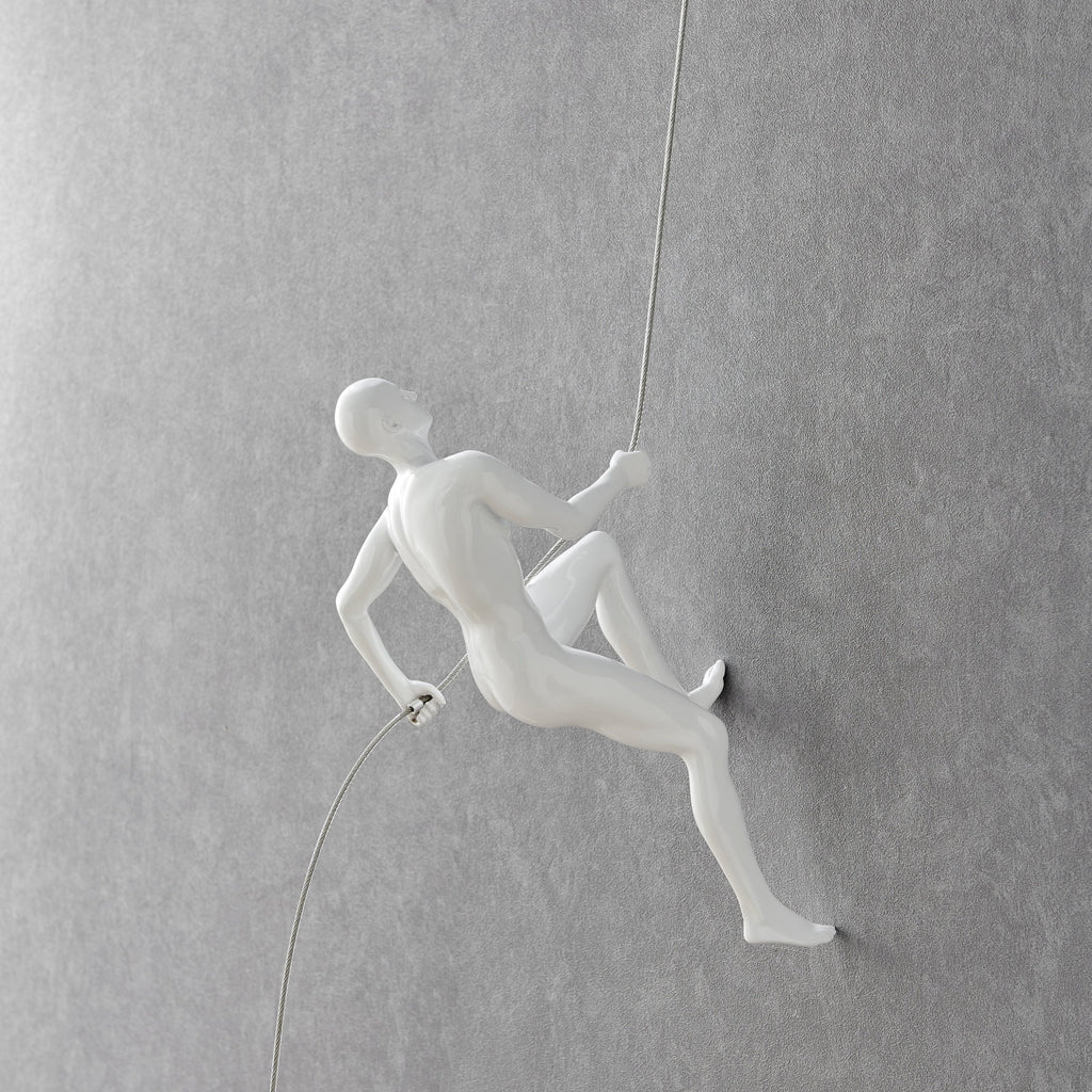 Glossy White Wall Sculpture Climbing 15" Man
