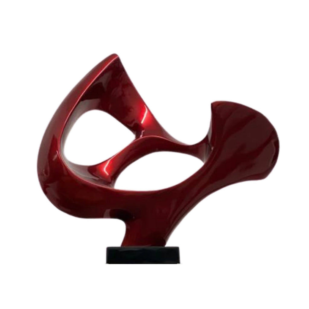 Metallic Red Abstract Mask Floor Sculpture With Black Stand, 54" Tall