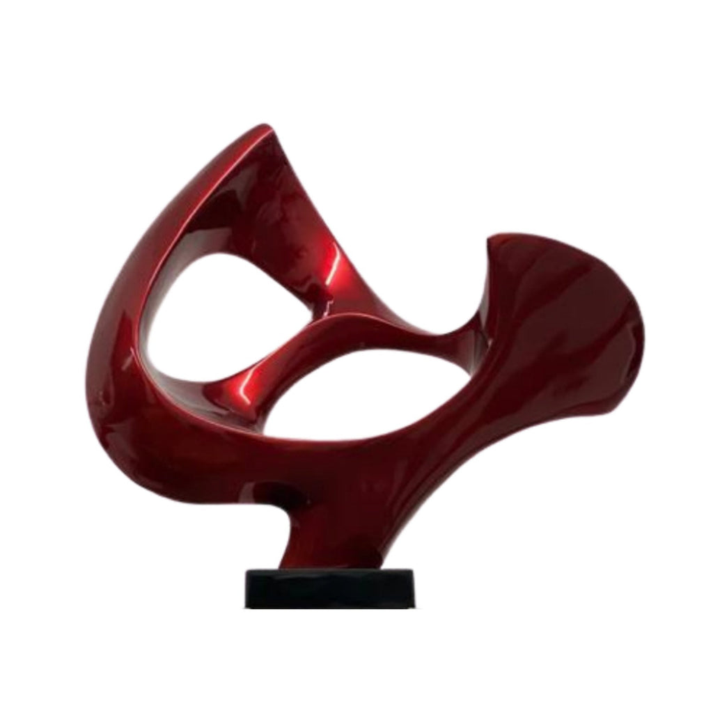 Metallic Red Abstract Mask Floor Sculpture With White Stand, 54" Tall