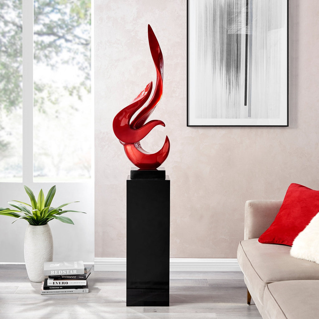 Metallic Red Flame Floor Sculpture With Black Stand, 65" Tall