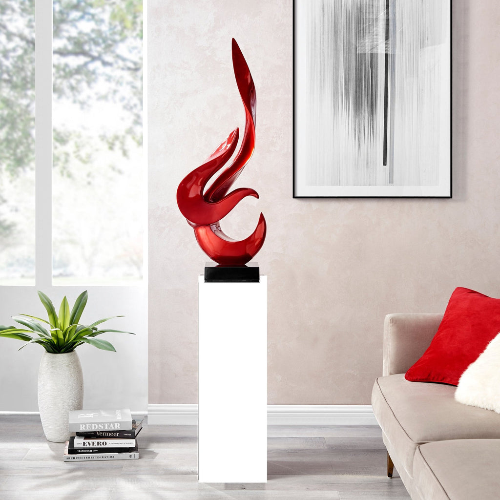 Metallic Red Flame Floor Sculpture With White Stand, 65" Tall