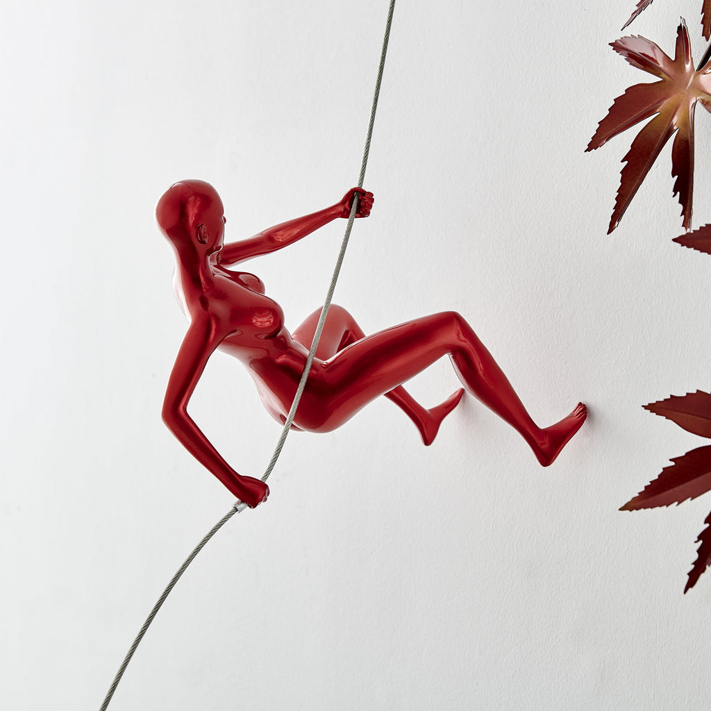 Metallic Red Wall Sculpture Climbing 8" Woman