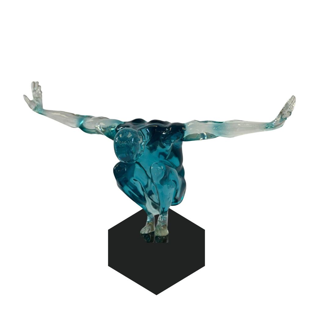 Small Saluting Man Resin Sculpture 17" Wide x 10.5" Tall // Clear Blue